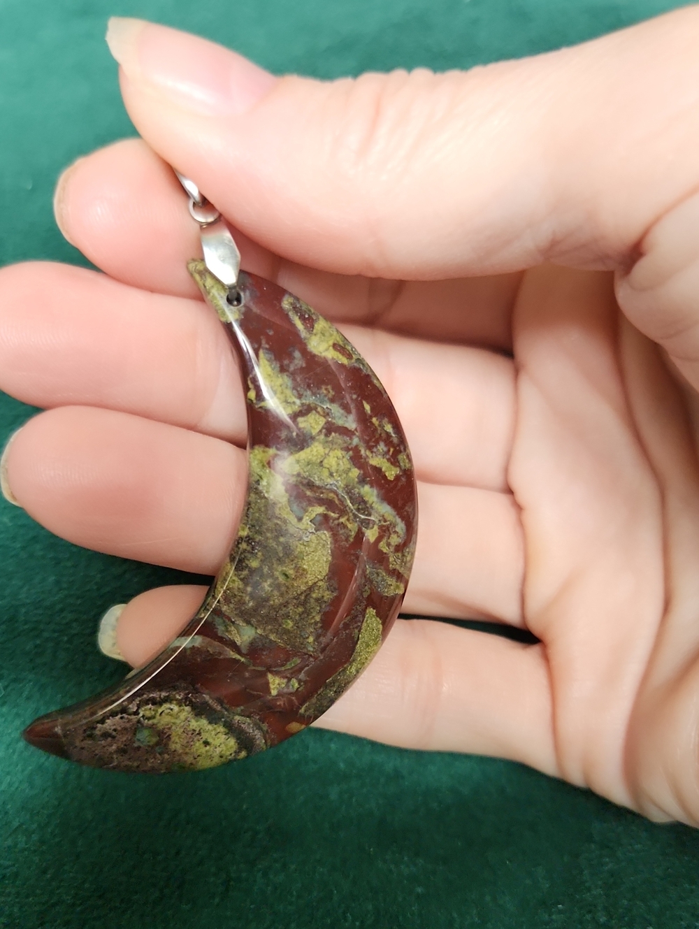 Dragonsblood Natural Stone Crescent Moon Green Pendant